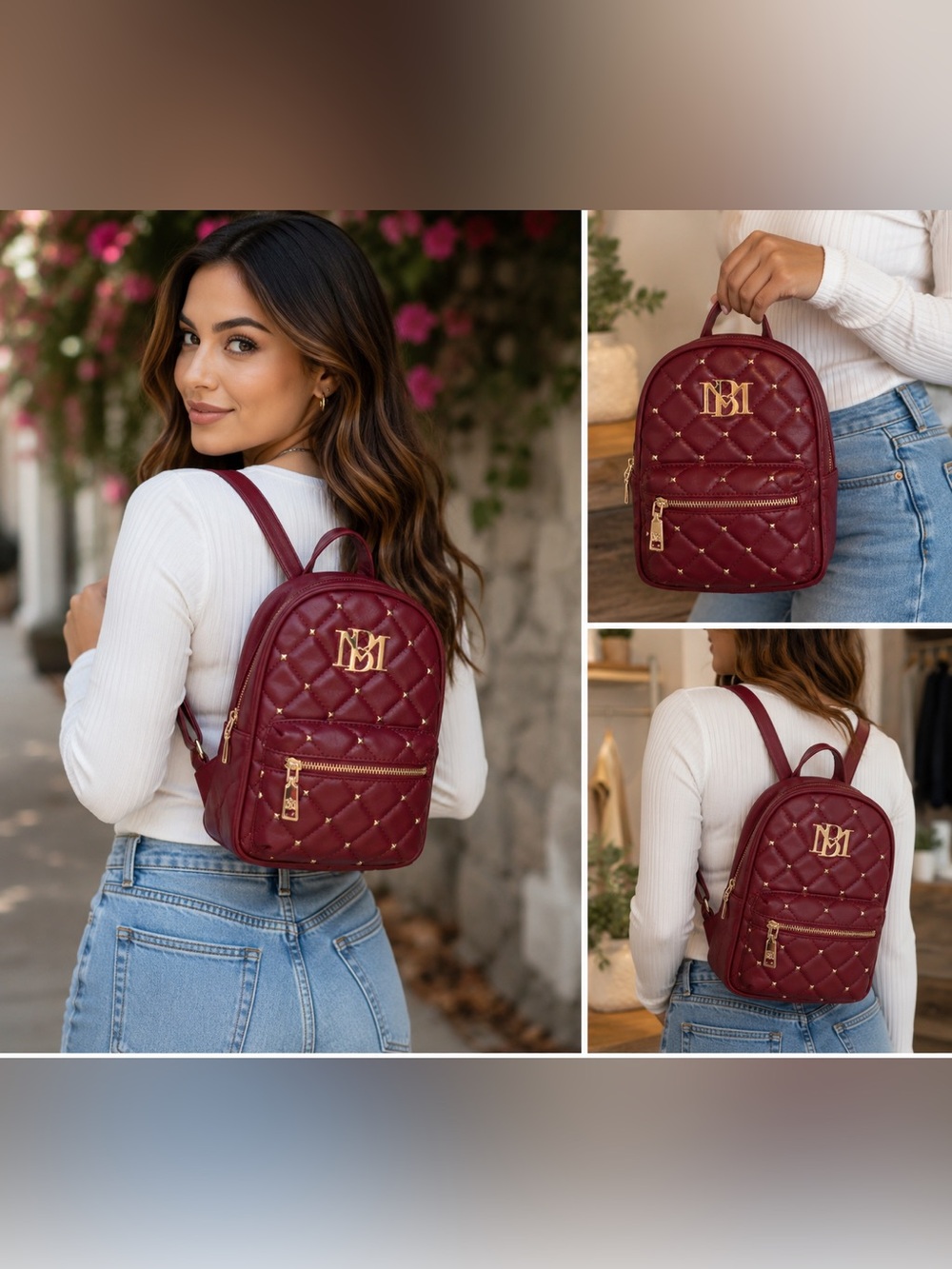 Badgley Mischka Burgundy Quilted Mini Backpack with Gold Accents